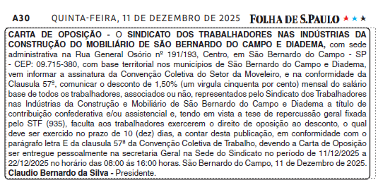 Leia mais sobre o artigo ABERTO O PRAZO PARA A OPOSIÇÃO AO DESCONTO DA TAXA ASSISTENCIAL DO SETOR MOVELEIRO